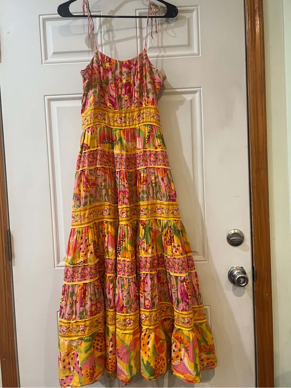 FARM Rio Pink & Yellow Floral Tiered Maxi Dress Size Medium